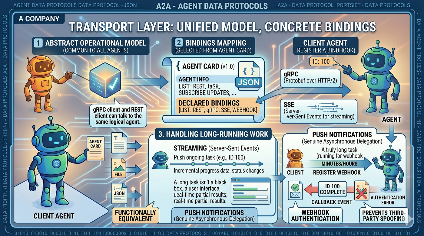 A2A abstract operations mapped onto three concrete protocol bindings
